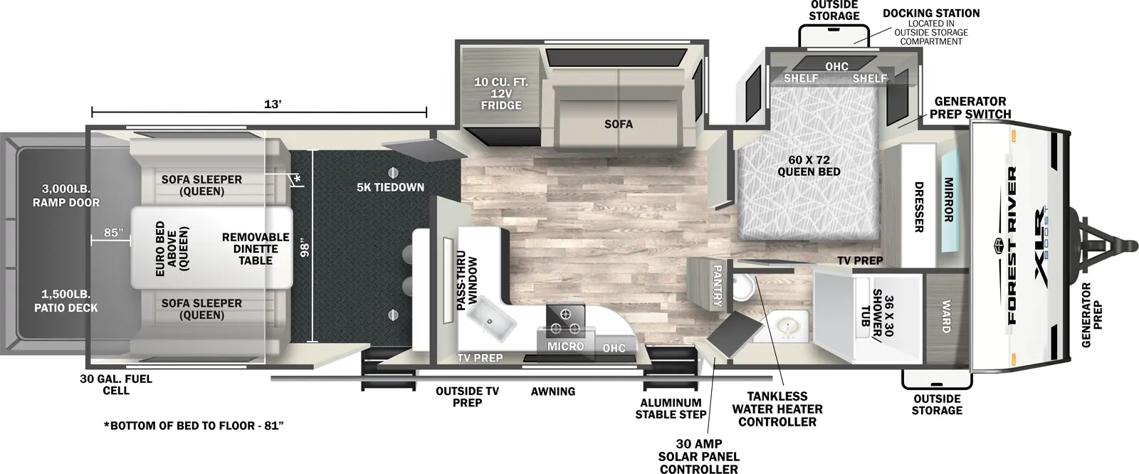 The XLR Boost 3113BX floorplan is a toy hauler that has two entries and two slide outs. Exterior features include: fiberglass exterior and  outside entertainment. Interiors features include: front bedroom.